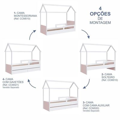 Cama Infantil Bicama Montessoriana Casinha Solteiro Auxiliar Branco com Rosa