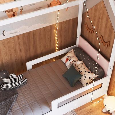 Cama Infantil Bicama Montessoriana Casinha Solteiro Auxiliar Branco com Rosa