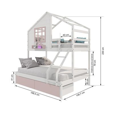 Beliche Casinha Com Janela Casal/solteiro 02 Gavetas Rosa Madeira Maciça Branco/ Rosa Housin