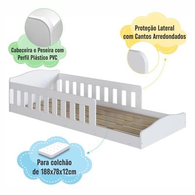 Cama Infantil De Chão Montessoriana De Solteiro Menino Menina Com Grade Proteção Branco