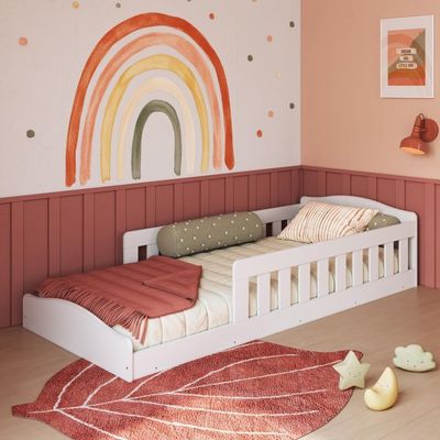 Cama Infantil De Chão Montessoriana De Solteiro Menino Menina Com Grade Proteção Branco