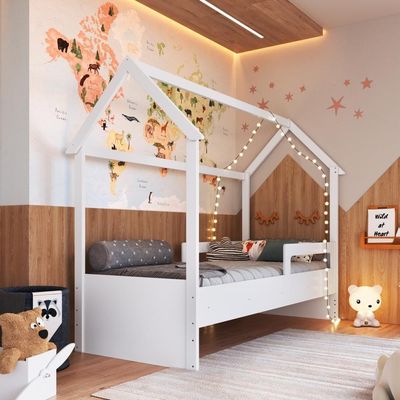 Cama Infantil Montessoriana Casinha Menino Menina Solteiro Com Proteção Lateral Branca