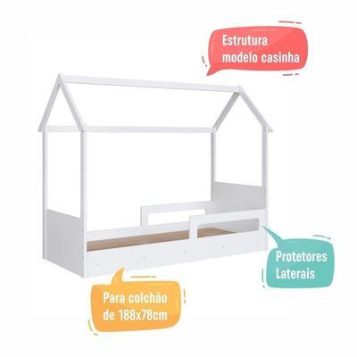 Cama Infantil Montessoriana Casinha Menino Menina Solteiro Com Proteção Lateral Branco