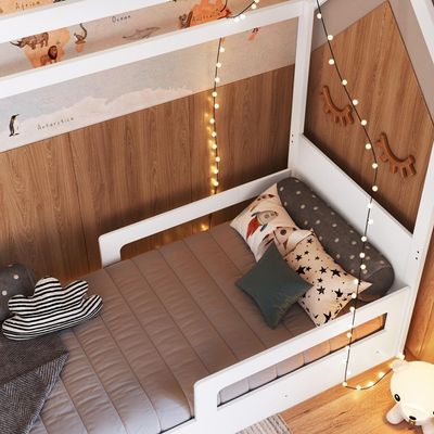 Cama Infantil Montessoriana Casinha Menino Menina Solteiro Com Proteção Lateral Branco