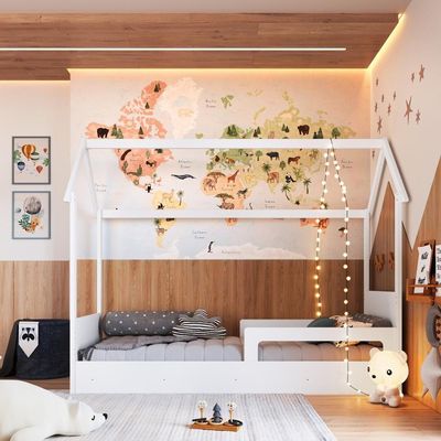 Cama Infantil Montessoriana Casinha Menino Menina Solteiro Com Proteção Lateral Branco