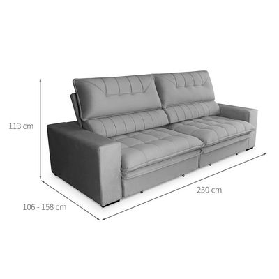 Sofá 4 Lugares Retrátil e Reclinável Mustang Veludo Cinza 250 cm