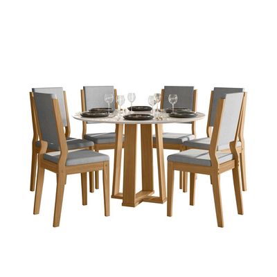 Conjunto de Mesa Redonda com Tampo de Vidro Off White Isabela e 6 Cadeiras Carol Linho Cinza Claro e Ypê