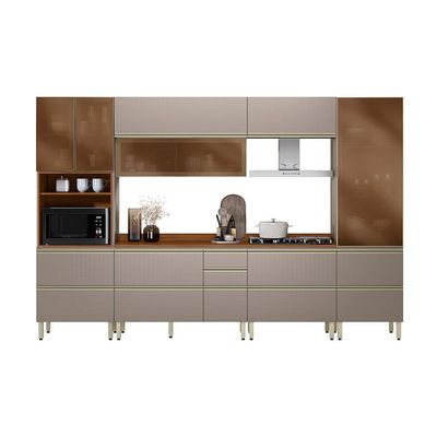 Armário de Cozinha Compacta com 4 Vidros Reflecta Proença 8 Portas 9 Gavetas Nude e Nogueira