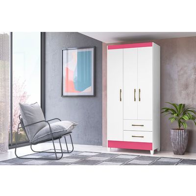 Guarda Roupa Roupeiro Lima 3 Portas 2 Gavetas e 4 Prateleiras Moval Branco / Rosa