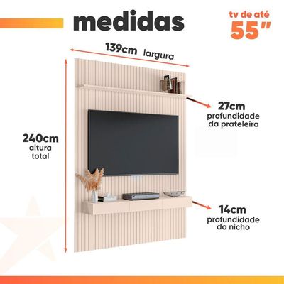 Painel Para Tv Até 55 Polegadas 1,35x2,40m Ripado Com Nicho Arbo Off White Edn