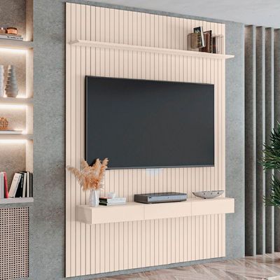 Painel Para Tv Até 55 Polegadas 1,35x2,40m Ripado Com Nicho Arbo Off White Edn