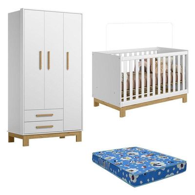 Berço Americano 4315 E Guarda Roupa 4340 Q Encanto Slim Branco Acetinado Com Colchão