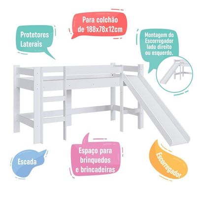 Cama Infantil Elevada Menino Menina Solteiro 202cm Com Degrau E Escorregador Branca Sem Cortina
