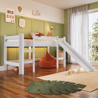 Cama Infantil Elevada Menino Menina Solteiro 202cm Com Degrau E Escorregador Branca Sem Cortina