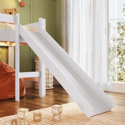 Cama Infantil Elevada Menino Menina Solteiro 202cm Com Degrau E Escorregador Branca Sem Cortina