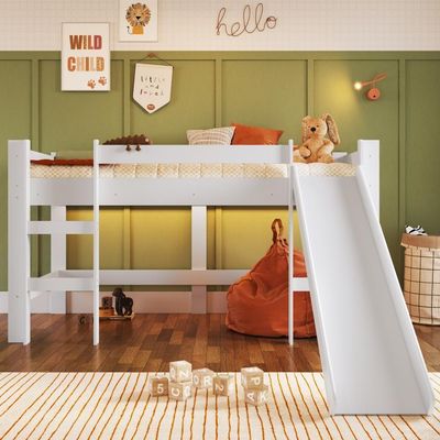 Cama Infantil Elevada Menino Menina Solteiro 202cm Com Degrau E Escorregador Branca Sem Cortina