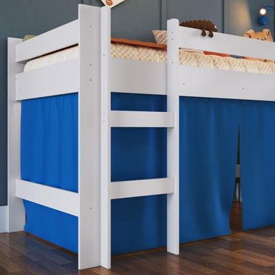 Cama Infantil Elevada Menino Menina Solteiro 202cm Com Degrau E Escorregador Branca Com Cortina Azul