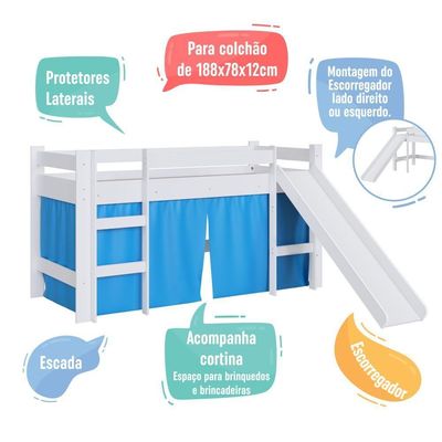 Cama Infantil Elevada Menino Menina Solteiro 202cm Com Degrau E Escorregador Branca Com Cortina Azul