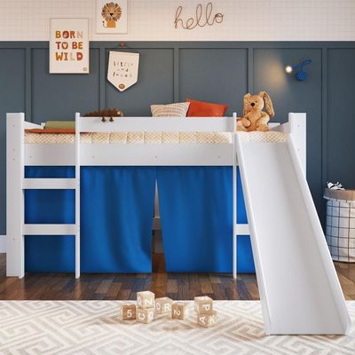 Cama Infantil Elevada Casinha Menino Menina Solteiro 202cm Com Escada E Escorregador Branco Com Azul