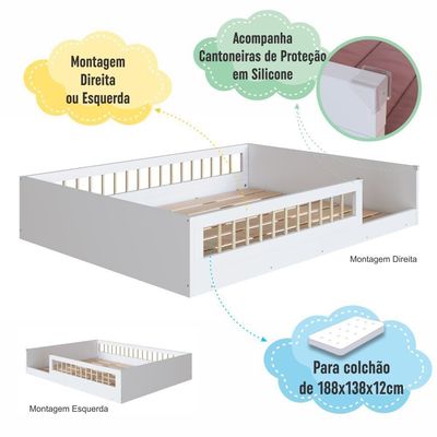 Cama Casal De Chão Infantil Montessoriana Menino Menina 194cm Com Grade De Proteção Branco