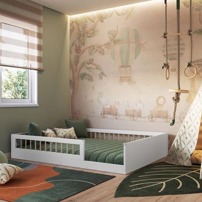 Cama Casal De Chão Infantil Montessoriana Menino Menina 194cm Com Grade De Proteção Branco