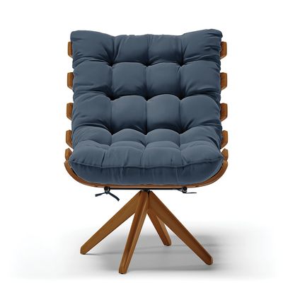 Poltrona Giratória Costela Suede Azul Marinho Base de Madeira MA30 M11 - D'Rossi