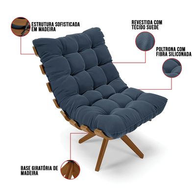 Poltrona Giratória Costela Suede Azul Marinho Base de Madeira MA30 M11 - D'Rossi