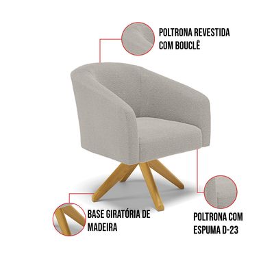 Poltrona Giratória Stella Bouclê Cinza Base de Madeira MA30 - D'Rossi