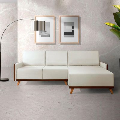 Sofá 5 Lugares Geribá com Chaise Direito Linho Bege e Marrom