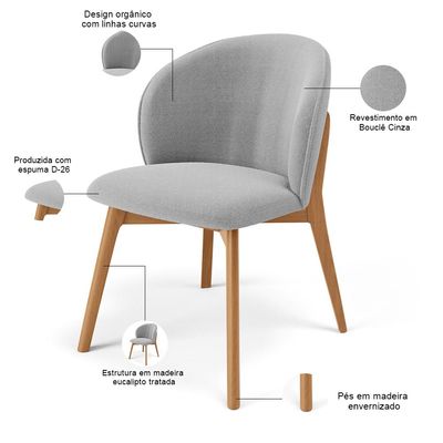 Kit 02 Cadeiras de Jantar e Estar Living Estofada Mia L02 Bouclê Cinza - Lyam Decor