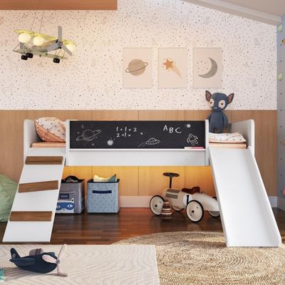 Cama Infantil Playground Menino Menina 195cm Com Escorregador, Rampa E Lousa Branca