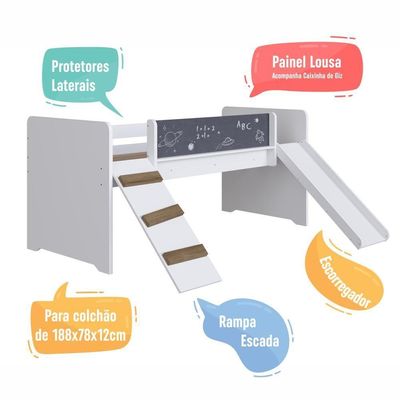 Cama Infantil Playground Menino Menina 195cm Com Escorregador, Rampa E Lousa Branca
