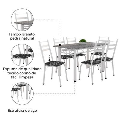 Conj De Mesa Com 6 Cadeiras 1,40m Granito/Branco Branco