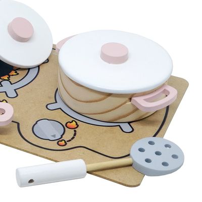 Coleção Comidinhas - Conjunto Panelas e Cooktop Rosa - Madeira - 403 - New Art