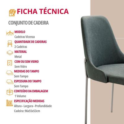 Conjunto Com 2 Cadeiras Metal Vicenza Moderna Mobilia Jade Prata