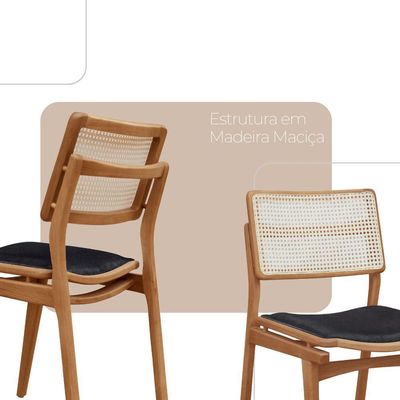 Conjunto Com 2 Cadeiras Madeira Eva Premium Linho Preto Imbuia Natural