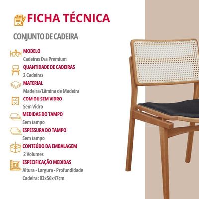 Conjunto Com 2 Cadeiras Madeira Eva Premium Linho Preto Imbuia Natural