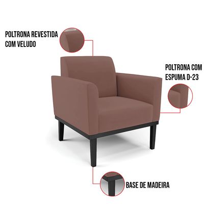 Poltrona Base de Madeira Fixa Preto Marisa Veludo Rosê
