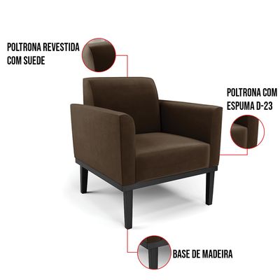 Poltrona Base de Madeira Fixa Preto Marisa Suede Marrom