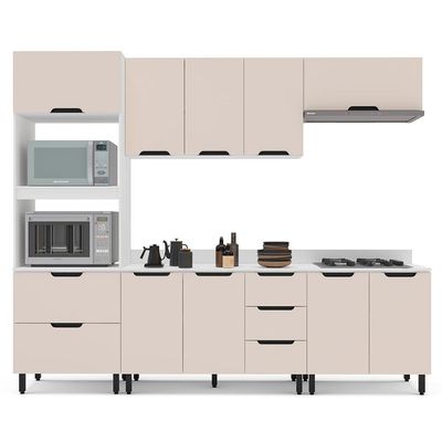 Cozinha Completa com Tampo Meena 10 Portas 4 Gavetas Creme e Branca