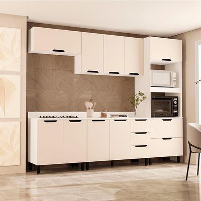 Cozinha Completa com Tampo Meena 10 Portas 4 Gavetas Creme e Branca