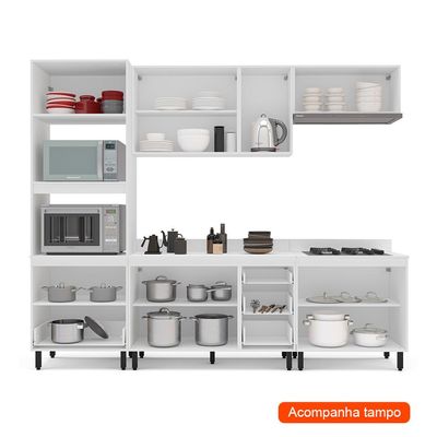 Cozinha Completa com Tampo Meena 10 Portas 4 Gavetas Creme e Branca