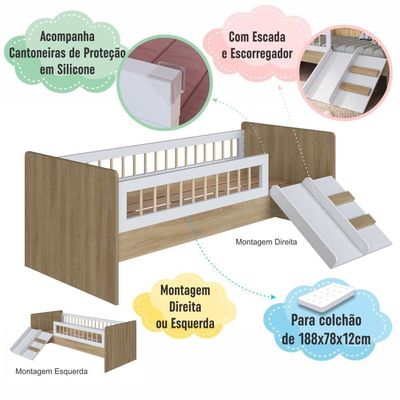 Cama Infantil Montessoriana Solteiro Escada Escorregador Proteção Aveiro Oak com Branco