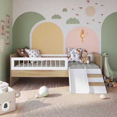 Cama Infantil Montessoriana Solteiro Escada Escorregador Proteção Aveiro com Branco