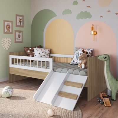 Cama Infantil Montessoriana Solteiro Escada Escorregador Proteção Aveiro com Branco