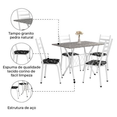 Conj Mesa Com 4 Cadeiras 1,20m Branco/Granitado/Floral Preto