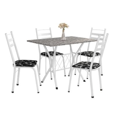 Conj Mesa Com 4 Cadeiras 1,20m Branco/Granitado/Floral Preto