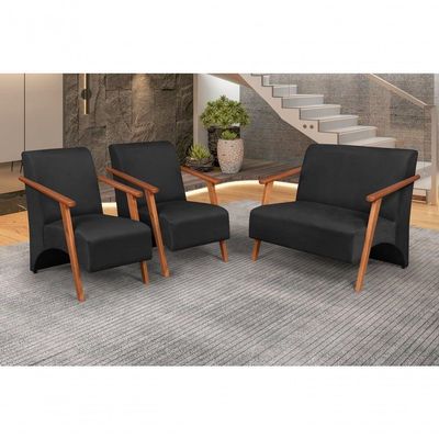 Conjunto Venus Braços Em Madeira Maciça 1 Namoradeira 2 Poltronas Suede Unidecor Preto