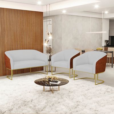 Namoradeira e 2 Poltronas Industrial Dourado Stella Noz/Linho Cinza D03 - D'Rossi
