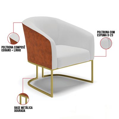 Namoradeira e 2 Poltronas Industrial Dourado Stella Noz/Linho Cinza D03 - D'Rossi
